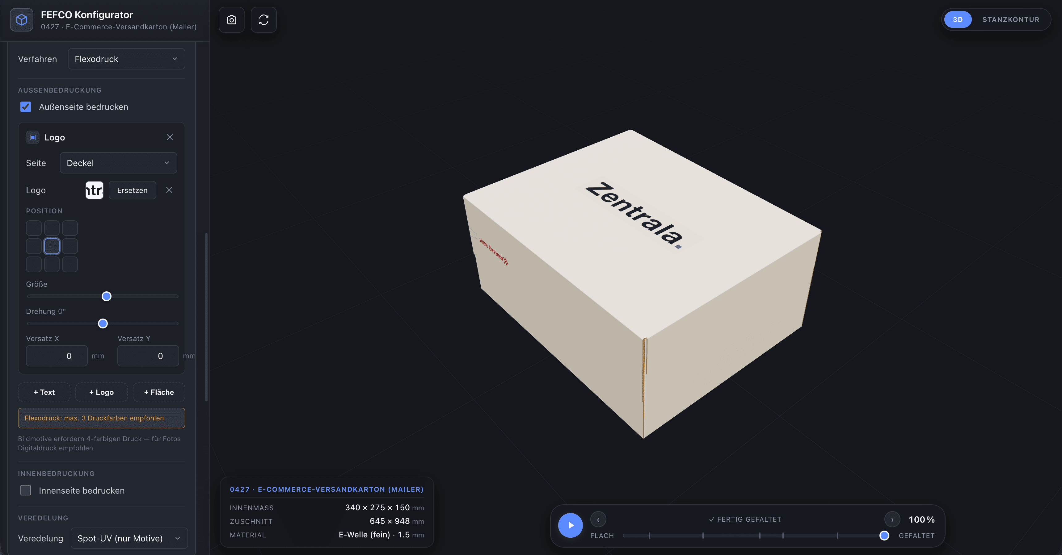 Der Zentrala-Konfigurator: ein bedruckter E-Commerce-Versandkarton in 3D